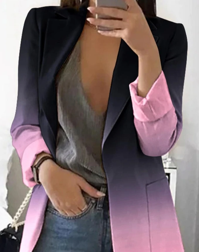 Color Blocked Coat for Women 2024 Spring Autumn New Fashion Ombre Pocket Design Long Sleeve Tie Dye Daily Blazer