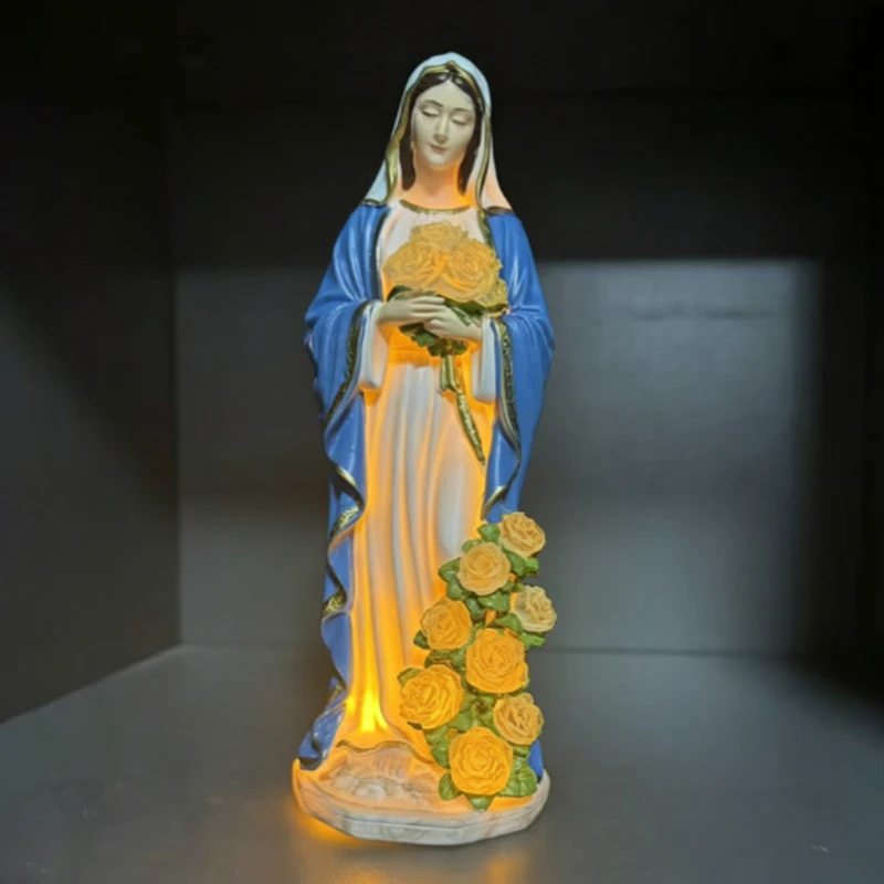 Jesus Virgin Mary Resin Statue Our Lady of Grace Figurine with LED Light Glow in the Dark Christian Religious Home Decor Gift