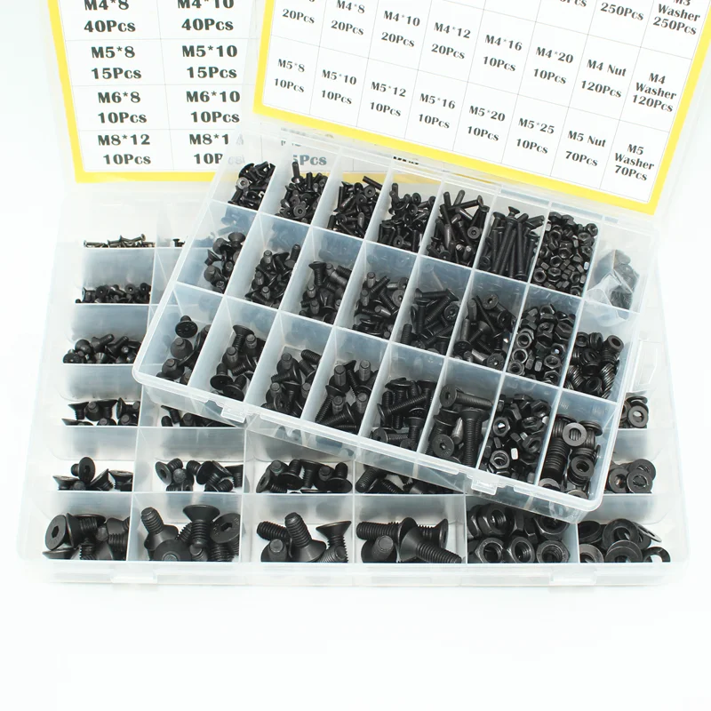 up to 3045/2545p M2 M2.5 M3 M4 M5 M6 M8 Hex Socket Flat Head Allen Screw Assortment Kit with Nut Washer and Hex Key Carbon Steel