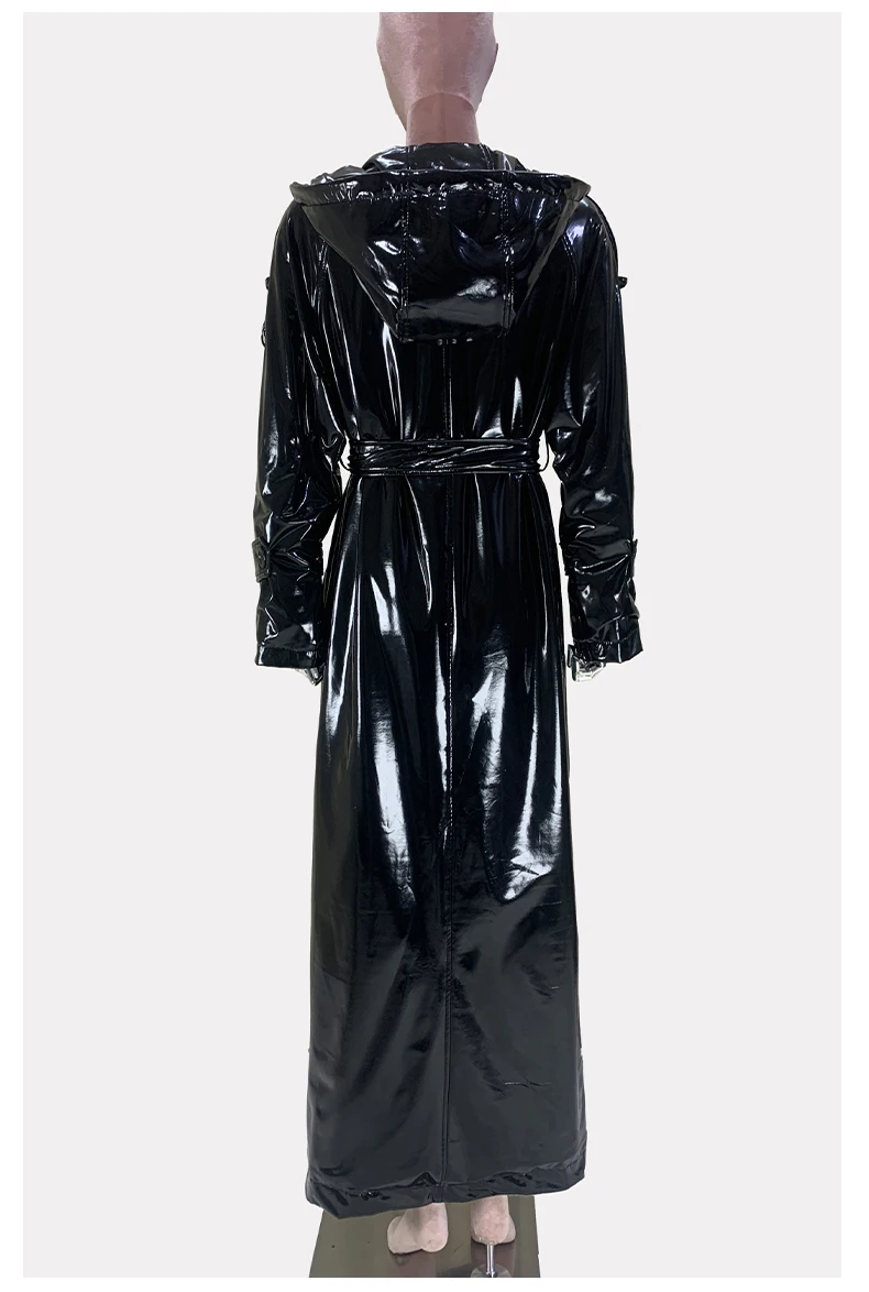 Nerazzurri Autumn Extra Long Shiny Black Soft Patent Pu Leather Trench Coat for Women with Hood Double Breasted European Fashion