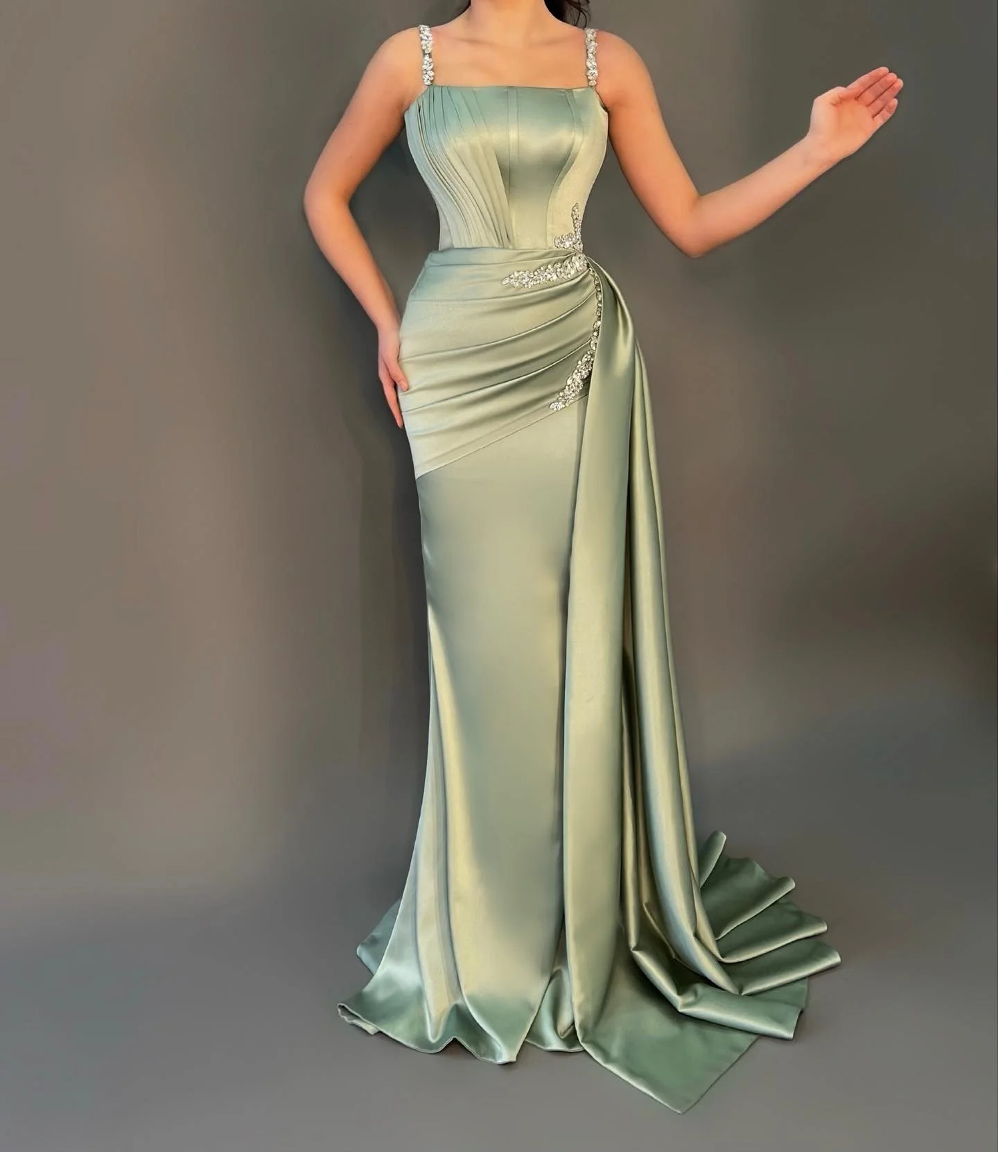 Sexy Suspender Crystal Evening Gown With Pleated Edges, Crystal Mermaid Dance Dress Customized