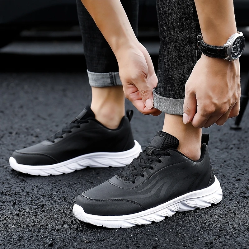 Leather Sports Shoes Comfort Running Shoes Outdoor Men\'s Gray Texture Upper Lace Up Round Toe 38-48 Large Casual Shoes