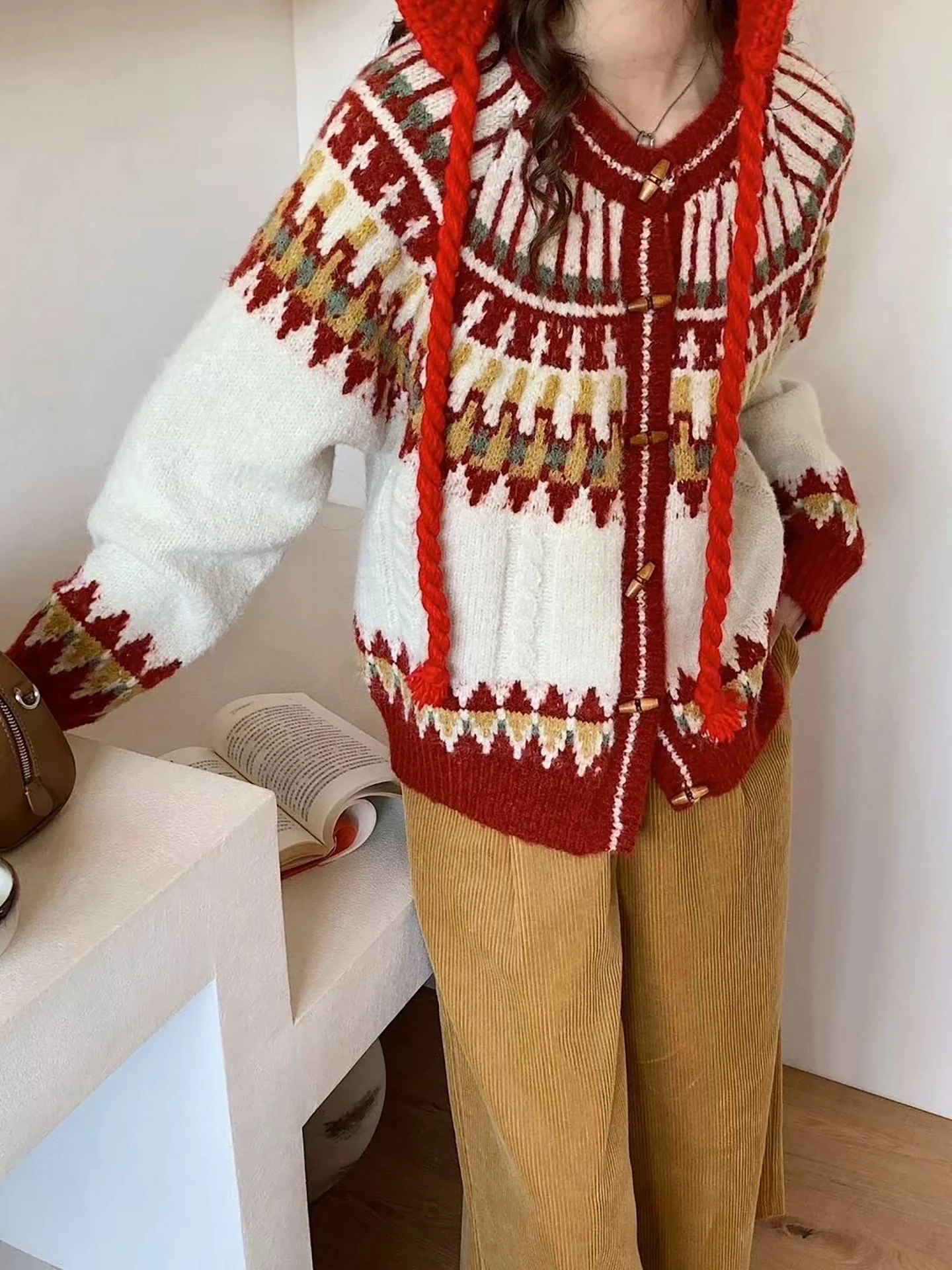 

Ретро Fair Isle вязаный открытый кардиган женский свободный осенне-зимний теплый свитер Jaet корейская мода универсальная верхняя одежда