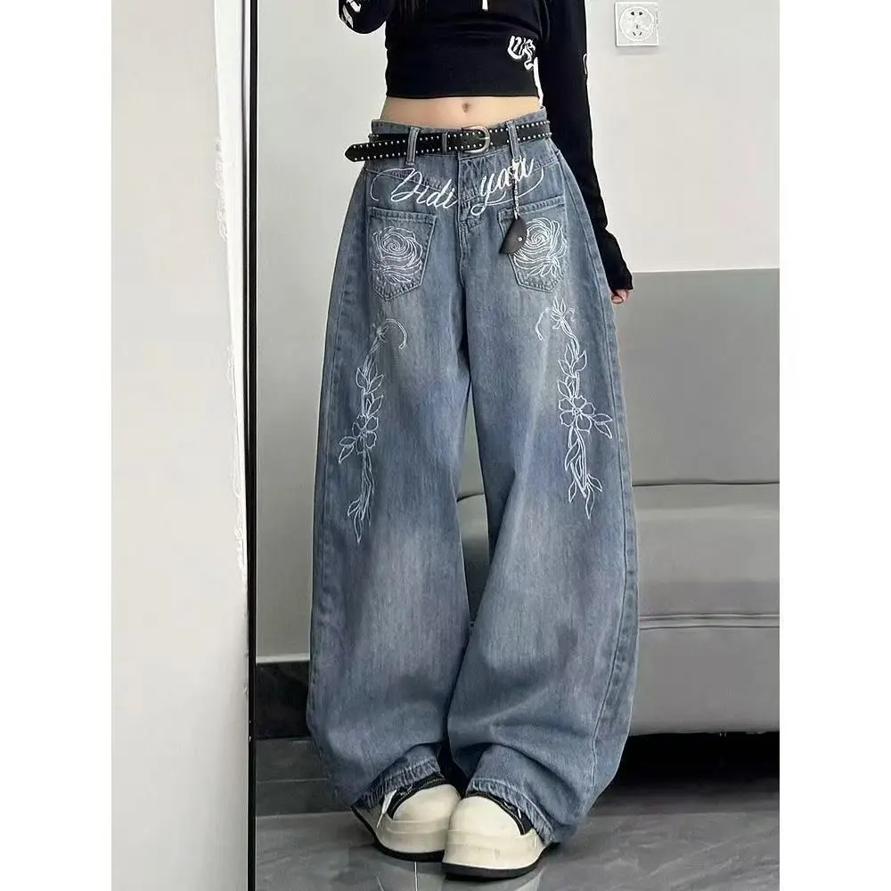 

Retro American Spicy Girl Denim Jeans Embroidered Letter Floral Loose Women's Design Wide Leg Pants Casual Summer Jeans
