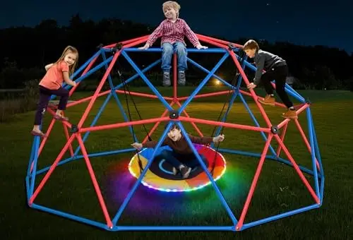 Clim Dome Swing Set with LED Saucer Swing, Jungle Gym for Kids Outdoor Backyard, Supports 800lbs, Easy Asssembly