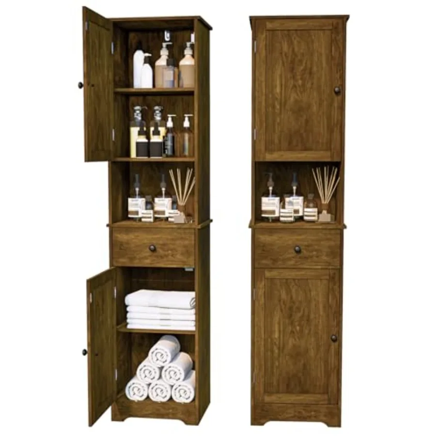 

Tall Bathroom Cabinet Storage Cabinet with 2 Doors 2 Drawers Adjustable Shelves Retro Color for Bathrooms Kitchens Entrances Be
