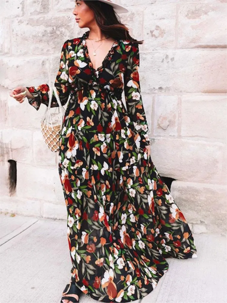 2025 Fashion Flora Printed Long Dress Women's Elegant Evening Gown Dress Attractive Style Temperament Commuter Evening Dress