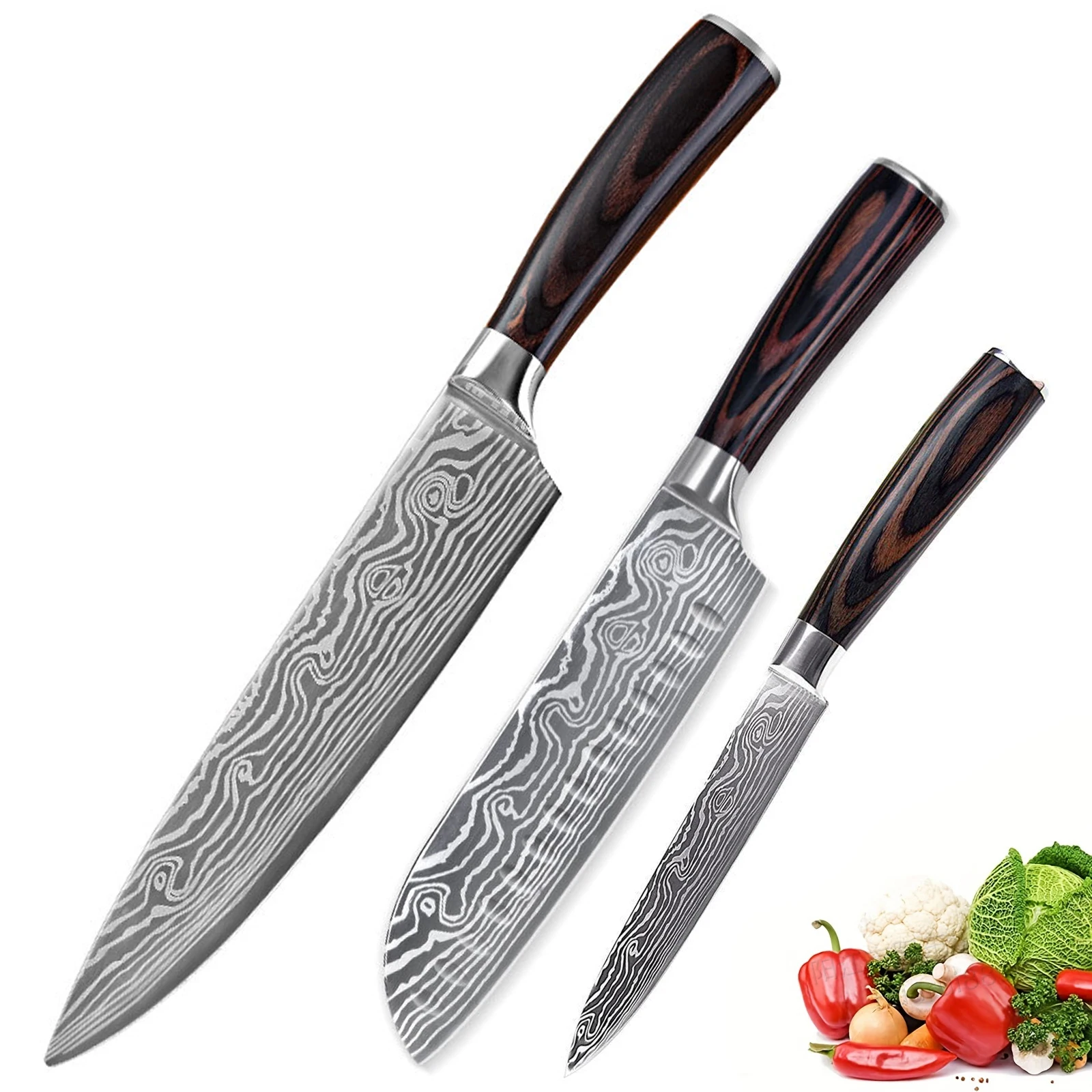 TJ POP 3 Pcs Kitchen Knife Set Kitchen Knives Sharp Stainless Steel Meat Bone Cutting Knifes Fruit Utility Santoku Chef's knife