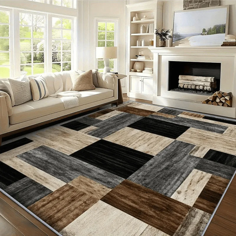 VIKAMA Modern Geometric Wood Grain Area Rug, Non-Slip Machine Washable Carpet, Brown & Grey Block Print Floor Mat Living Room