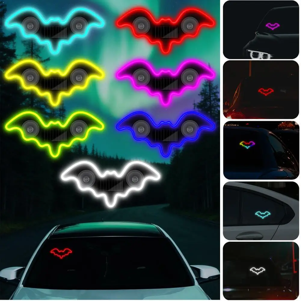 Bat Shaped Solar LED Car Light Multicolor RGB Car Color Changing Suction Cup Lamp USB Rechargeable Atmosphere Breathing Lamp