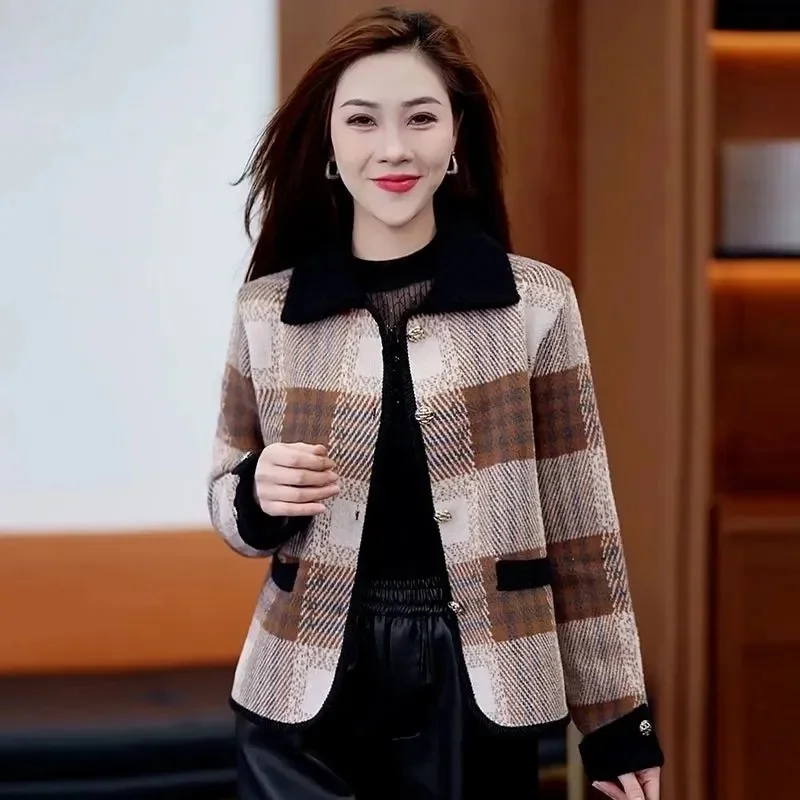 

Fashion short grid Woolen Coat For Momen New Spring Autumn Winter Thick blended Woolen Jacket Female Outerwear Top