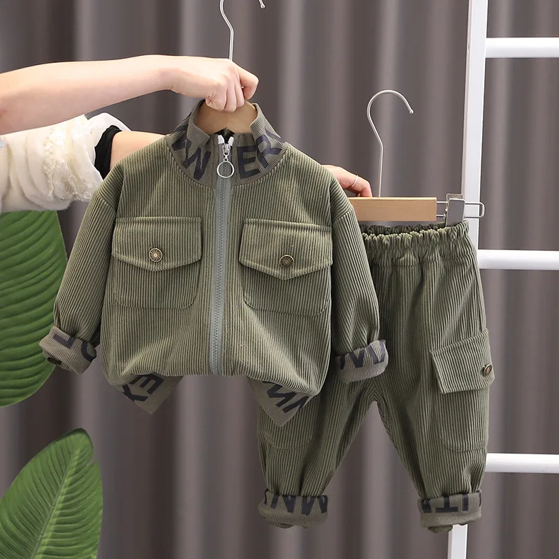Baby boy clothes corduroy zipper long sleeved casual sports two-piece set for 0-5 year old fashionable girls with top and pants