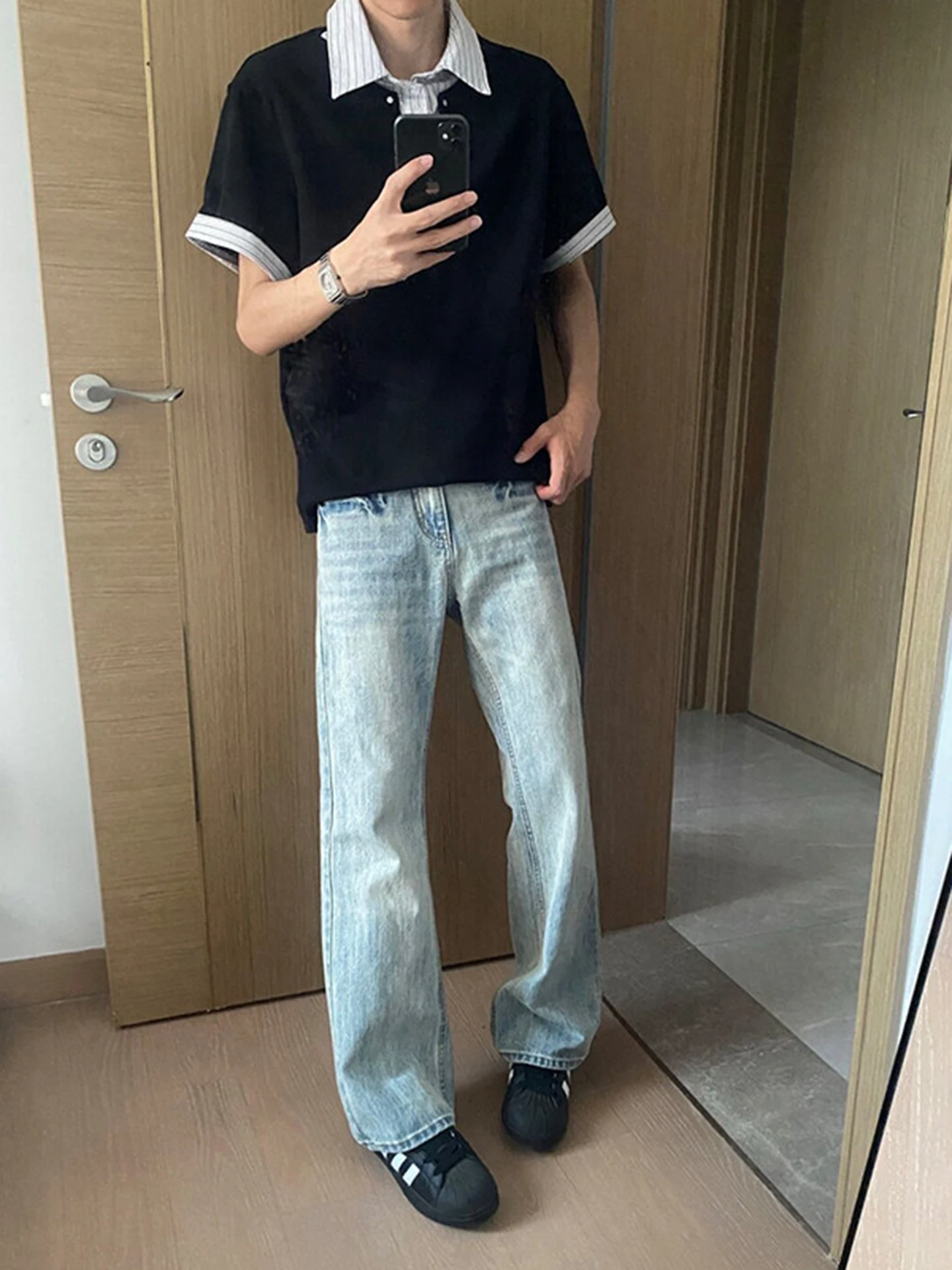 Zlayco Men's Retro Blue Lightning Pattern Flared Jeans American High Street Straight Cut Slimming Cleanfit Knife  Pants