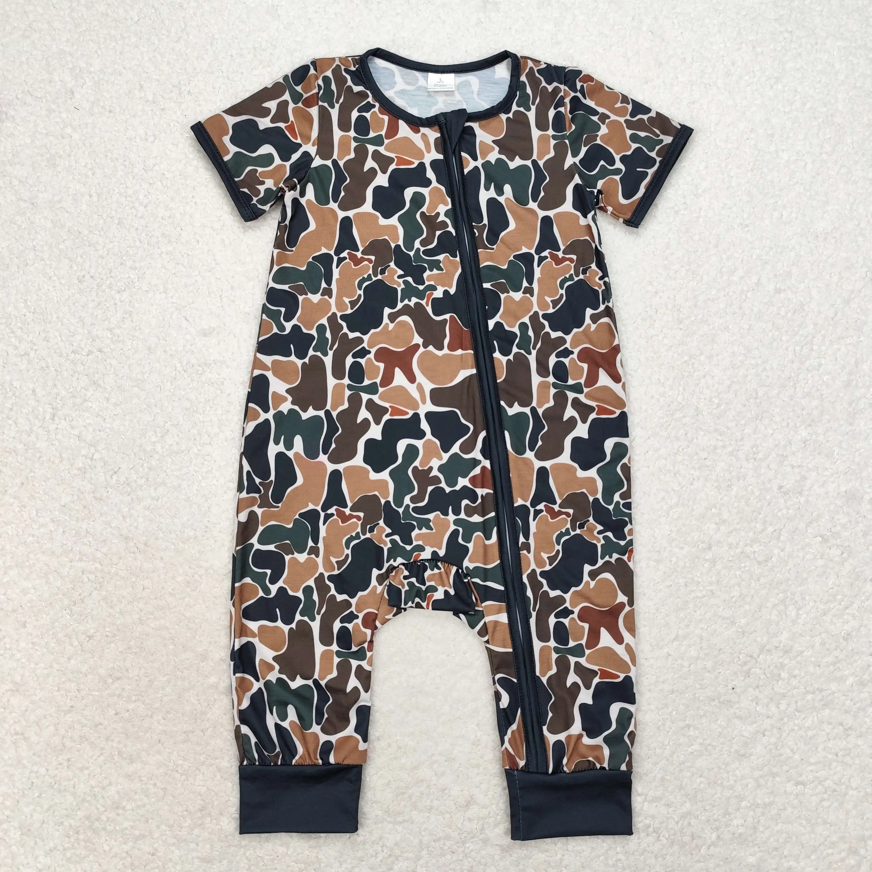 Wholesale hot sale western boutique newborn toddler Baby Infant Bamboo green camouflage beige zip-up short-sleeved onesies