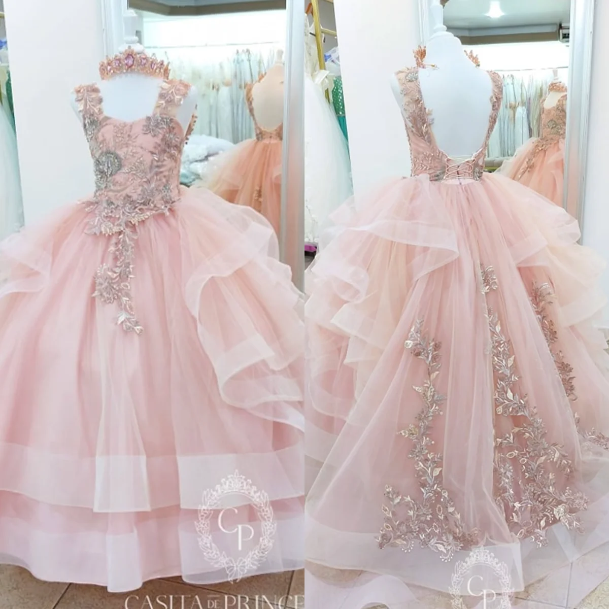 Blush Pink Flower Girl Dress For Wedding Customized Lace Appliqued Princess Beading Birthday Party Gowns First Communion Dress