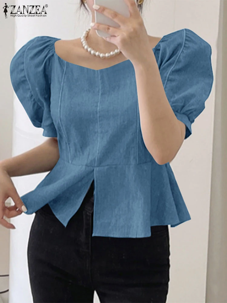 

ZANZEA Women Denim Blouse 2025 Summer Short Sleeve Fashion Tops Solid Color Square Collar Puff Sleeve Blusas Elegant Tunic Tee