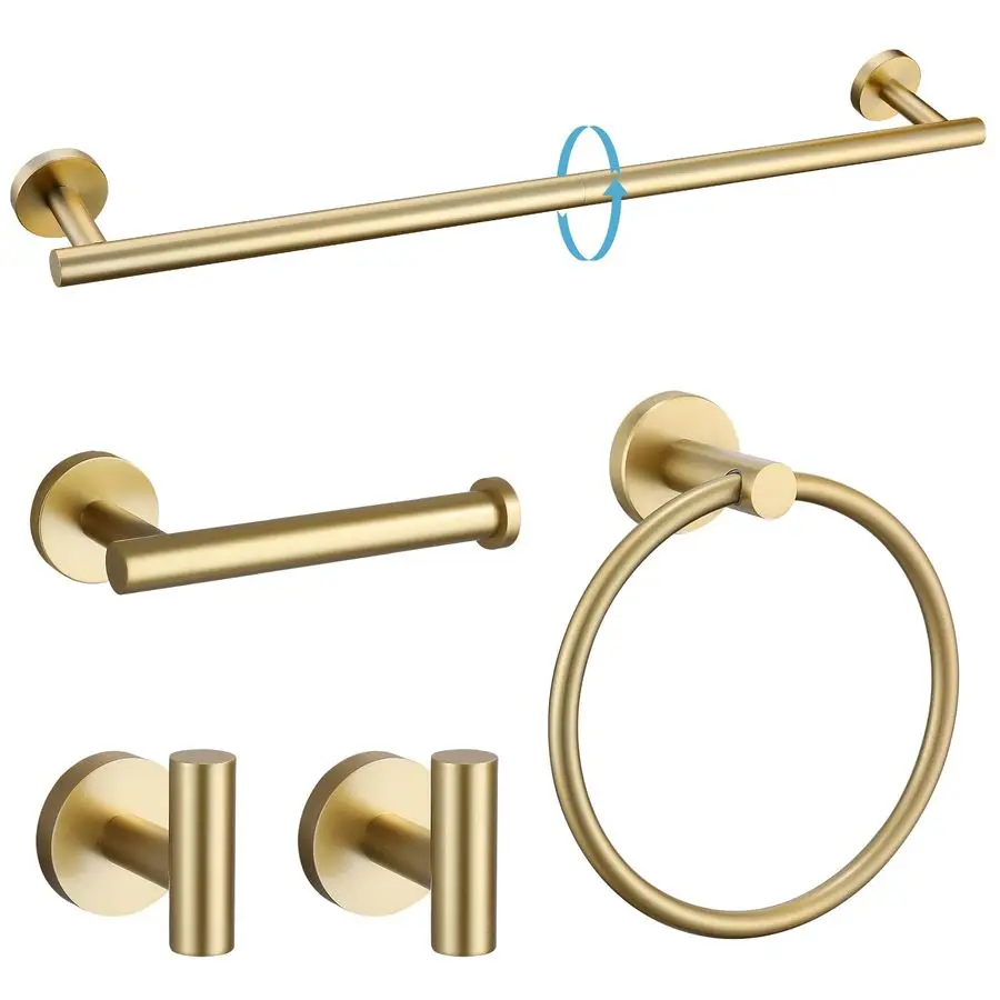 

Brushed Gold 5 Piece Bathroom Hardware Set, SUS304 Stainless Steel 24 Inch Bath Towel Bar Set, Round Bathroom Accessories Kit Wa