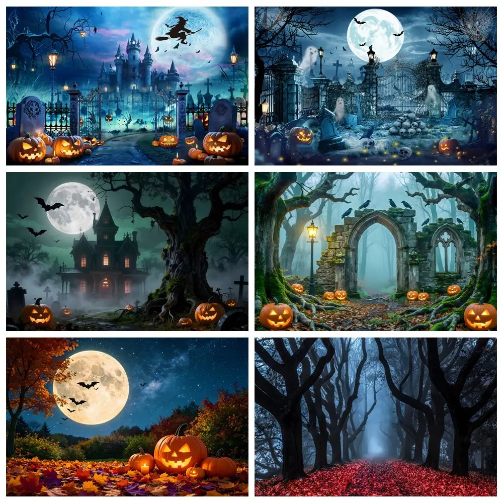ハロウィン写真撮影背景霧の森魔女城カボチャランタンベビーキッズ家族ポートレートナイトパーティー装飾背景幕