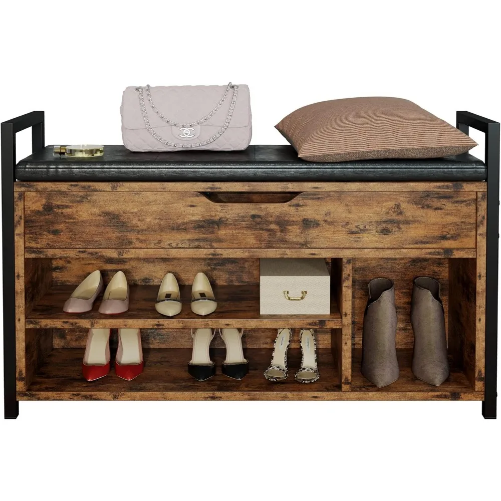 

Shoe Storage Bench, Entryway Bench with Lift Top Storage Box, Metal and Board Bench for Entryway, Two Tier Shoe Rack Orga