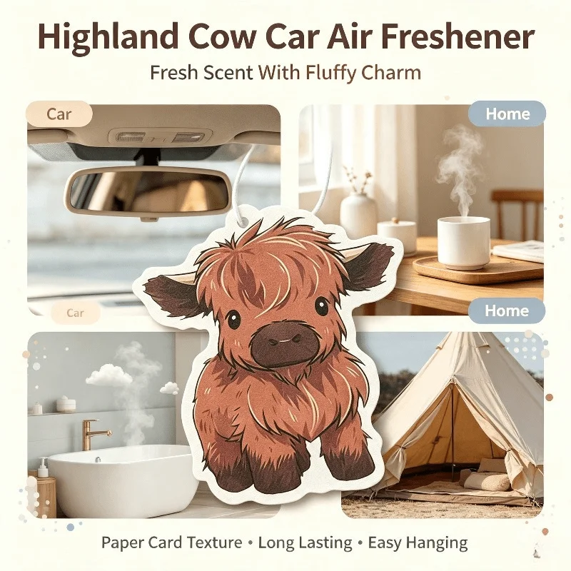 Car Air Freshener Cute Fluffy Highland Cow Hanging Scent Card for Car Rearview Mirror Decor Ornament Gift