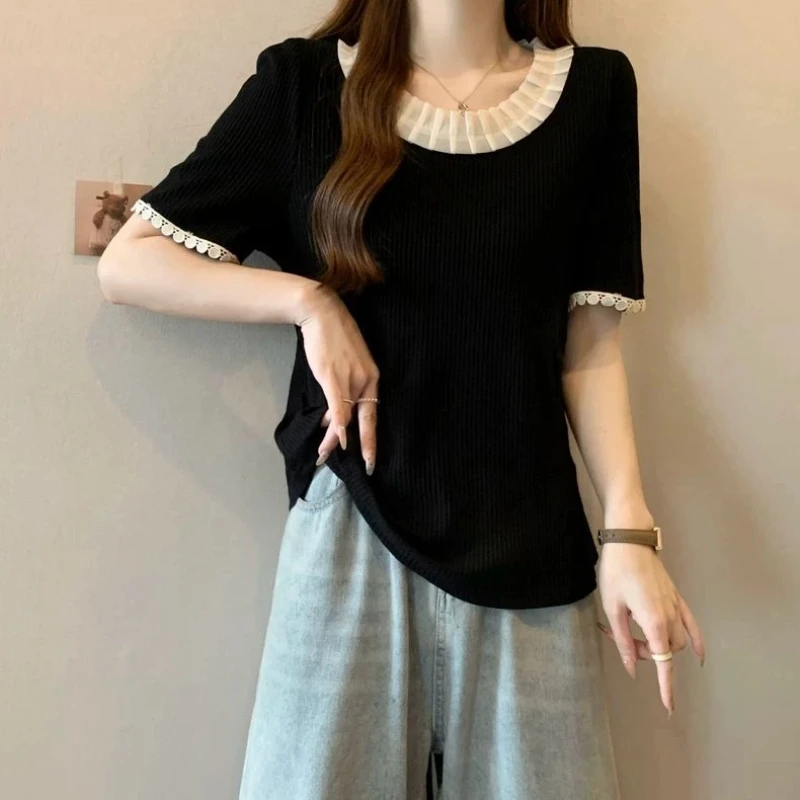 

Sweet Contrast Patchwork Youth Tops Summer Ice Silk Short Sleeve Loose Plus Size Fashion T Shirts Casual Korean Women Clothing