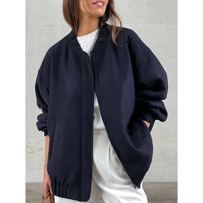 

Куртки Krisnanas в стиле бойфренда, бейсбольный вырез, 2025 г., 100% хлопок, повседневные однотонные пальто на молнии с длинными рукавами, верхняя одежда 132426