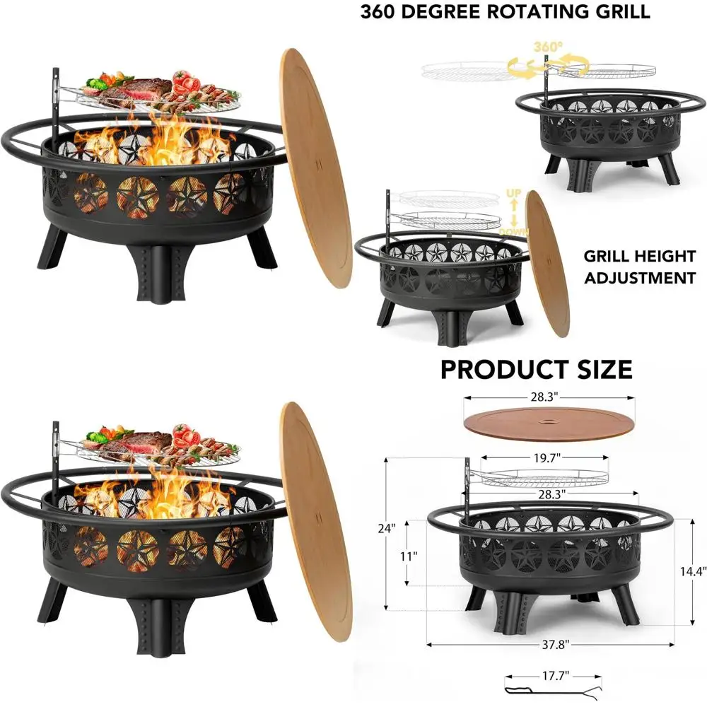 

38 уличная костра с дровью, 3-в-1 с грилем, экраном и покером, поворотной решеткой для двора, патио и кемпинга