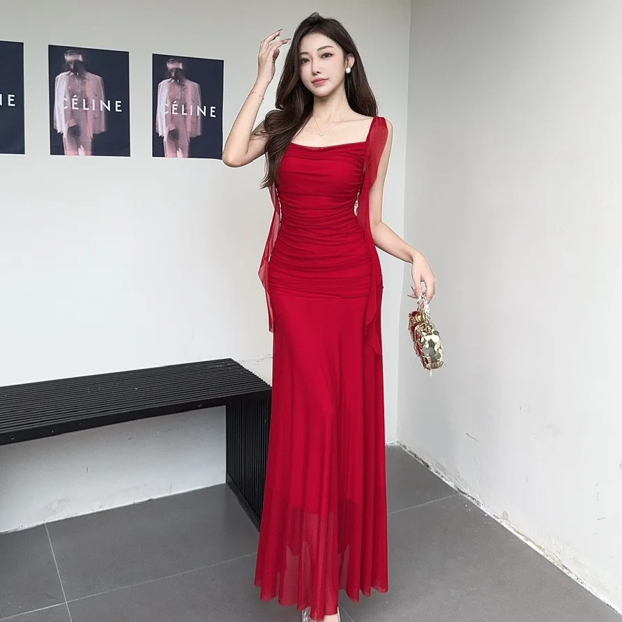 Sexy Crisscross Back Party Prom Vestidos Robe Elegant Sheer Mesh Pencil Dress Women's Ruched Panel Design Green Ribbon Dress