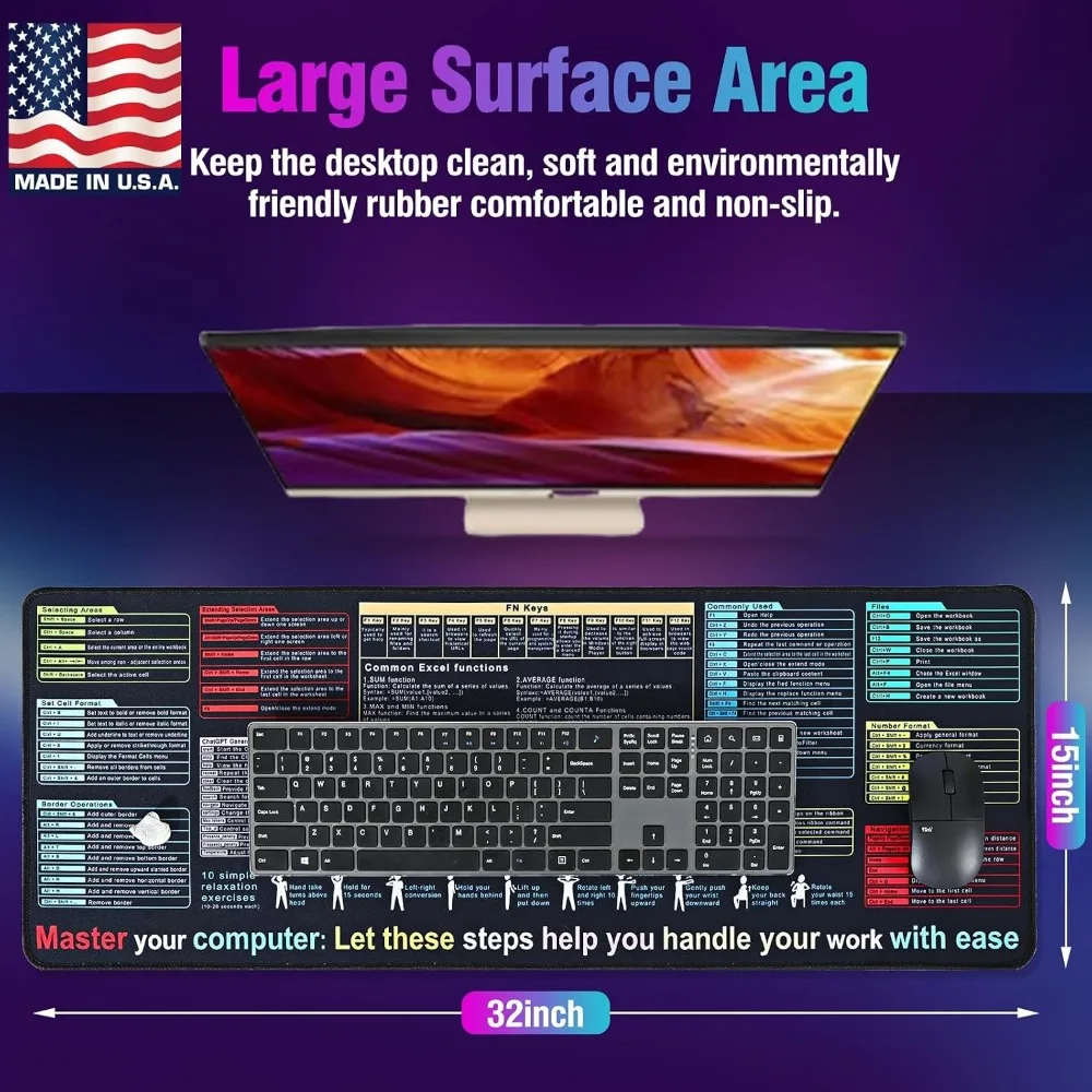 XL Excel Formulas and Shortcuts Desk Mat - Waterproof, Non-Slip Keyboard Cover | Large XL Mouse Pad for Office & Gaming view 2