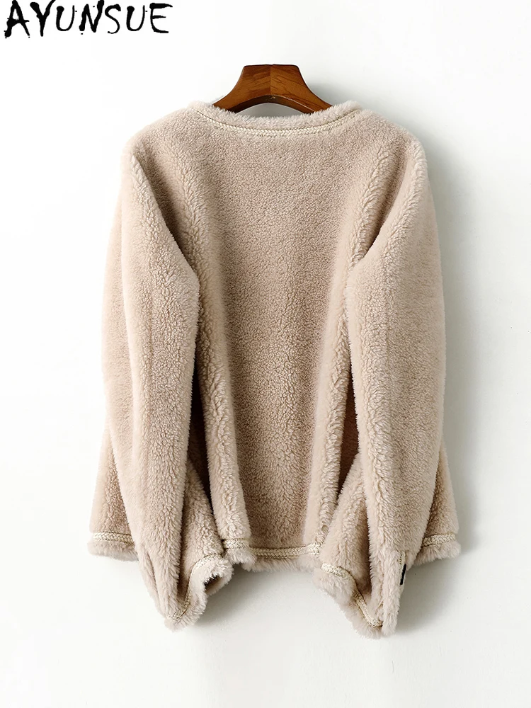 AYUNSUE 100% Naturalna Wełna Damska Kurtka 2025 Jesień Zima Elegancka Kurtka z Jagnięcym Futrem Odzież Damska Wysokiej Jakości Abrigo Mujer