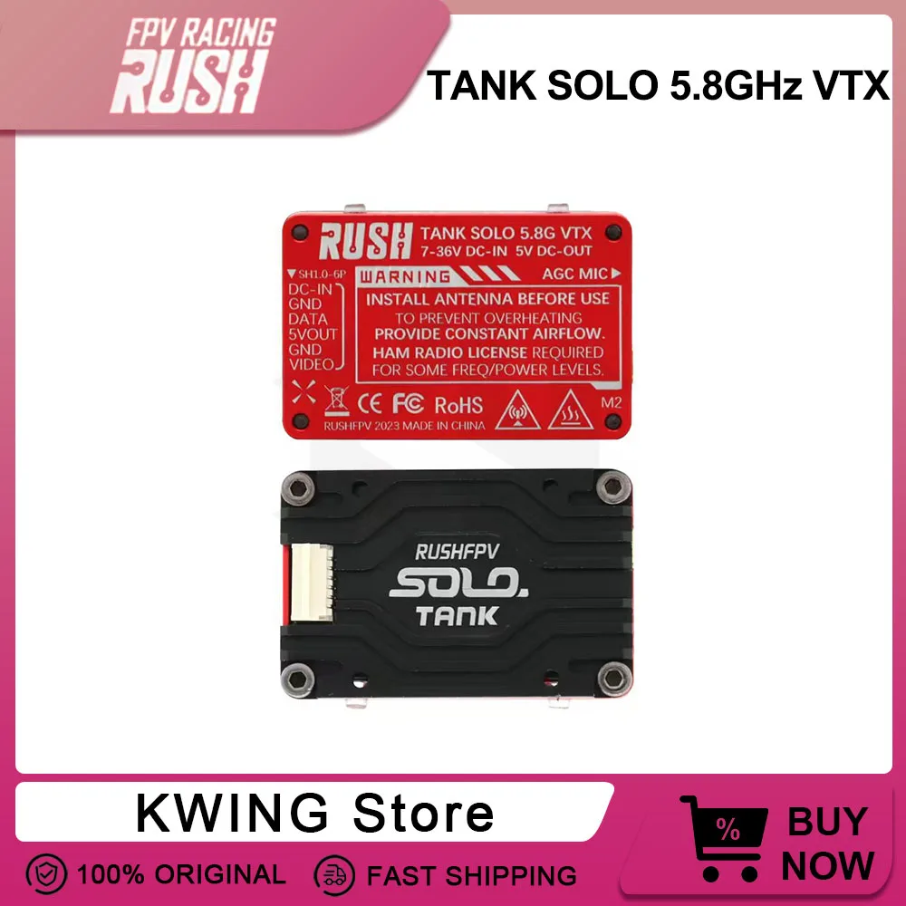 

RUSHFPV Solo Tank 5.8GHz 1.6W Video Transmitter CNC Aluminum Shell High Power with Built in Mic Cooling System for FPV Drone