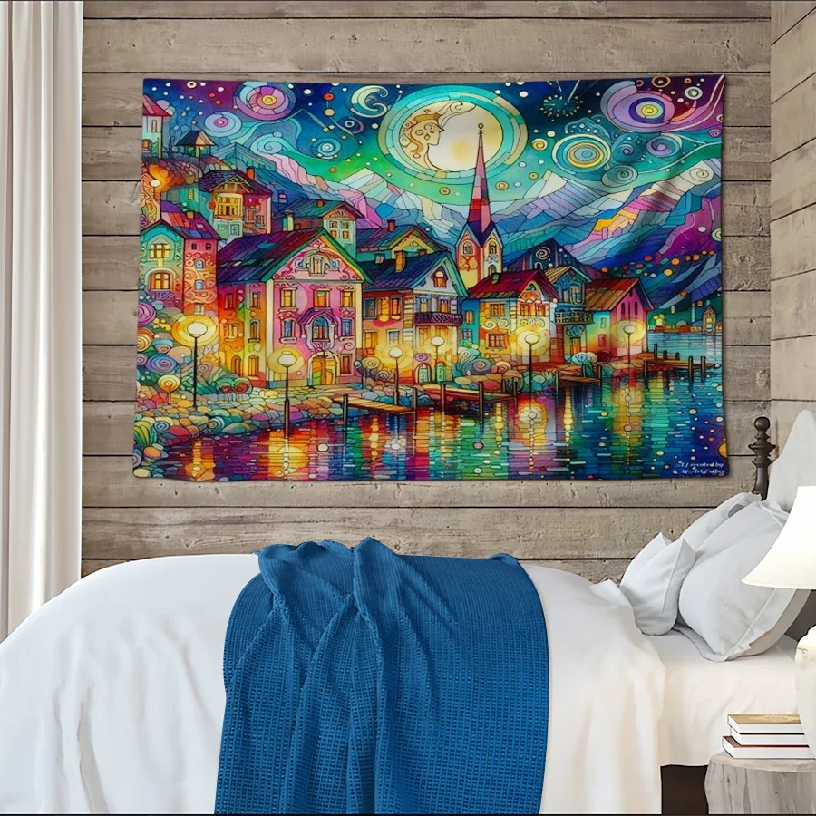 Vibrant Retro Cityscape Mural Tapestry Bohemian Dreamy Colorful Wall Hanging for Bedroom Living Room Decor