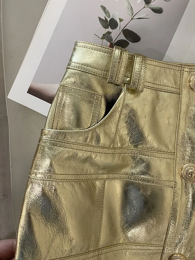 Mini Skirt Women High Waist 2024 Summer New Fashion Bright Golden Colour Genuine Leather Skirt Y2K Style