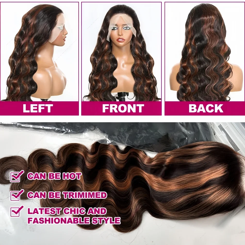 Peruka z włosów naturalnych Highlight Body Wave 13x6 HD Omber Lace Front, wstępnie wyregulowana linia włosów, kolor 1B/30 czarno-brązowy, peruki 13x4 HD Lace Frontal, 100% ludzkie włosy.