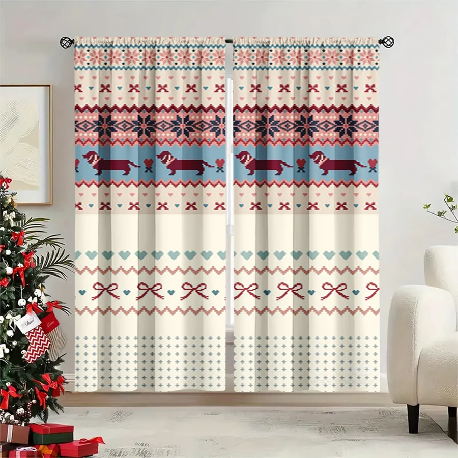 2PCS Christmas Winter Curtains, Knit Dachshund Heart Bow Fair Isle Pastel, Digital Print, Bedroom Living Room, Home Decor