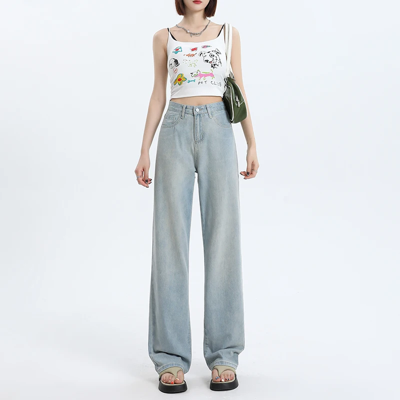 Shascullfites Ultra-Soft Thin High-Waist Wide-Leg Pants Versatile Loose And Slim Embroidered Straight Jeans