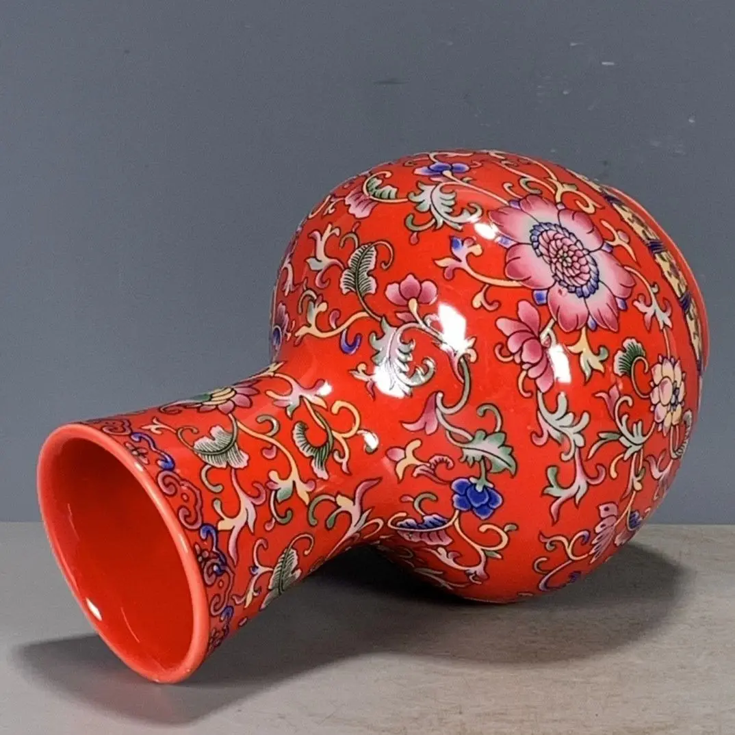 Antique porcelain vintage Qing Dynasty Qianlong year single color glazed red glazed entwined flower sky ball vase