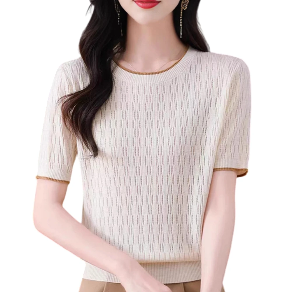 Solid Color Openwork Ice Silk Knit Top for Women Polyester Regular Length Summer Beach Vacation Yoga Cycling Comfort Wear