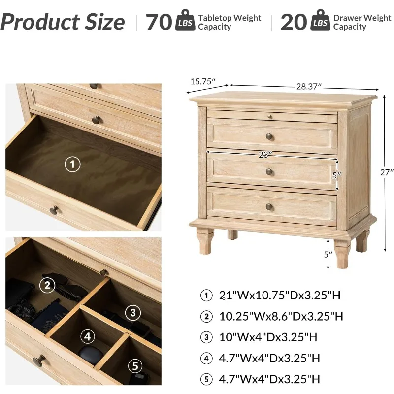 منضدة مزرعة 3 أدراج مع صينية، منظم أدراج بأرجل خشبية صلبة، منضدة مع محطة شحن (Nat)