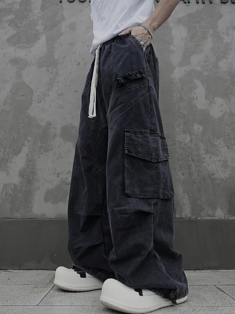Large Size Hip Hop Retro Distressed Overalls Multi-Pocket Fleece-Lined Ruffle Handsome Drooping Wide-Leg Pants
