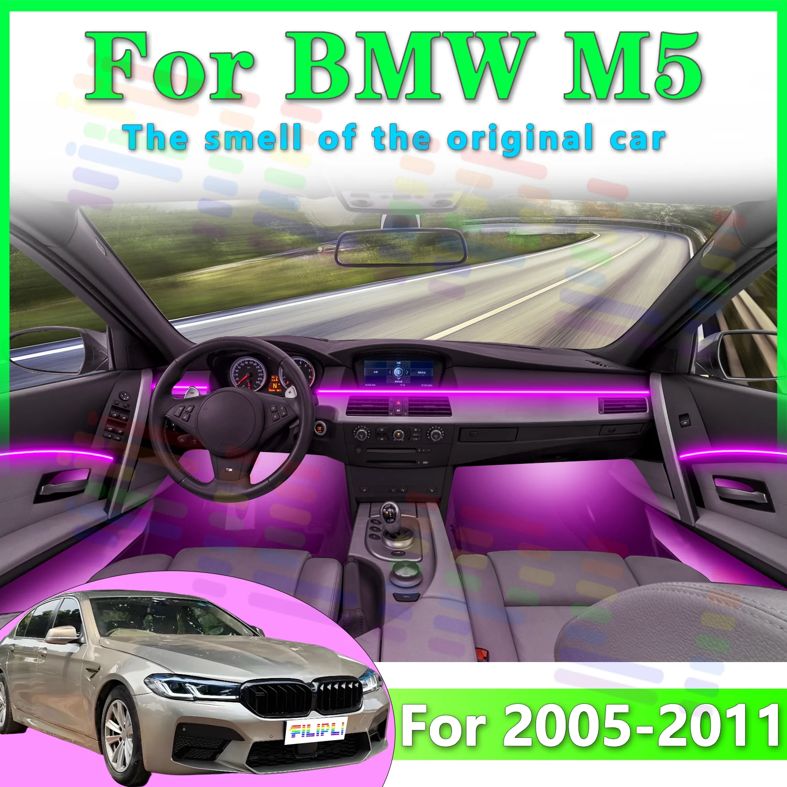 لسيارات BMW M5 E60 E61 تصميم أنيق خفي من الأكريليك إضاءة داخلية محيطة للسيارة RGB مستجيب للصوت يعمل على التطبيق باستيل LED