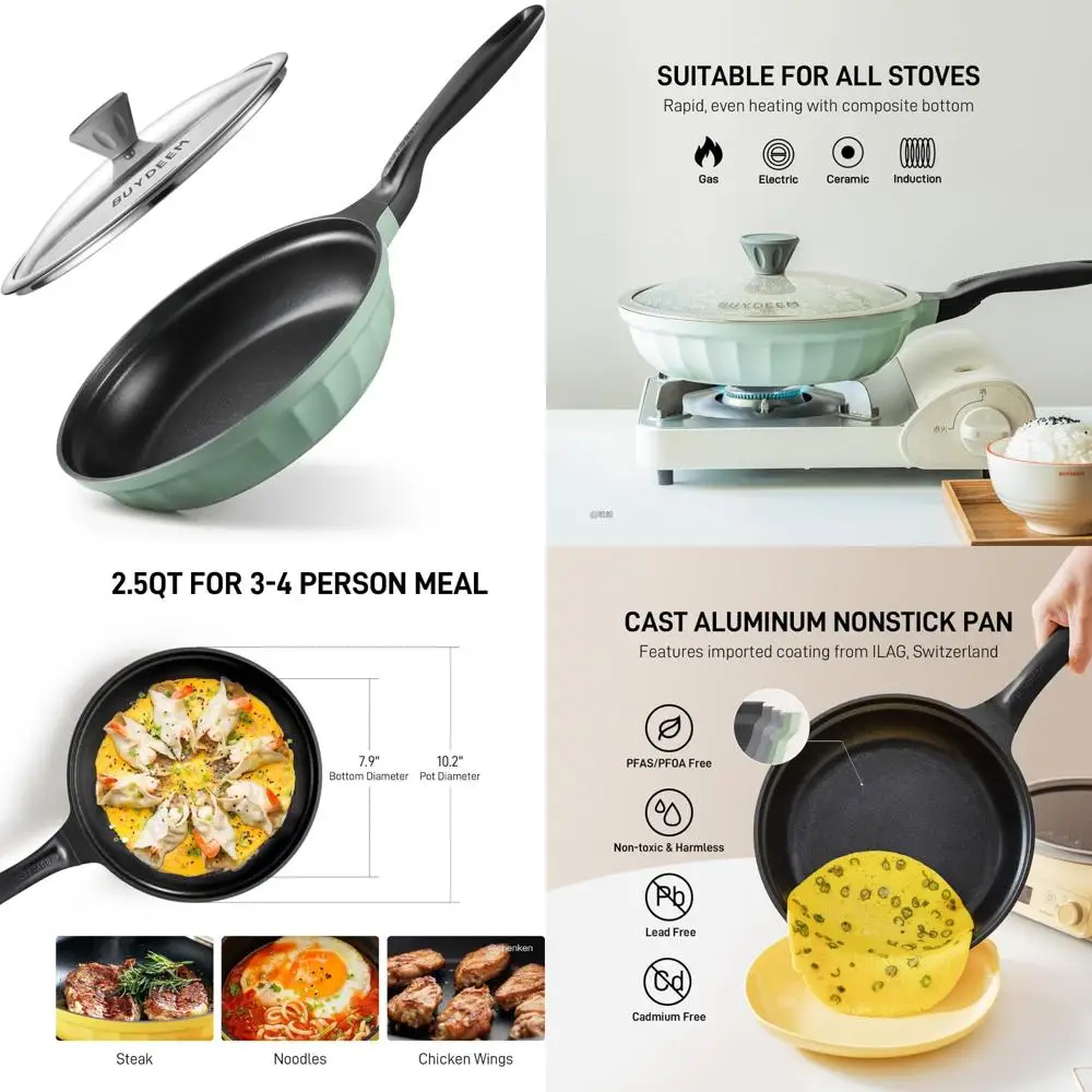 

Алюминиевая сковорода с антипригарным покрытием, 10,2 дюйма, со стеклянной крышкой, сковорода с ровным нагревом, совместимая со всеми плитами, без PF, длительная пила