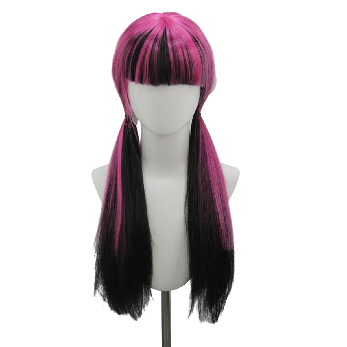 Black Pink Premium Synthetic Fiber Long Straight Wig Split Color Streaks with Bangs Low Twin Tails Pigtails Straight Tail Heat Resistant Adjustable Cap for Women Girls Anime Cosplay Party Halloween Costume Role Play Stage Show Photo Shoot