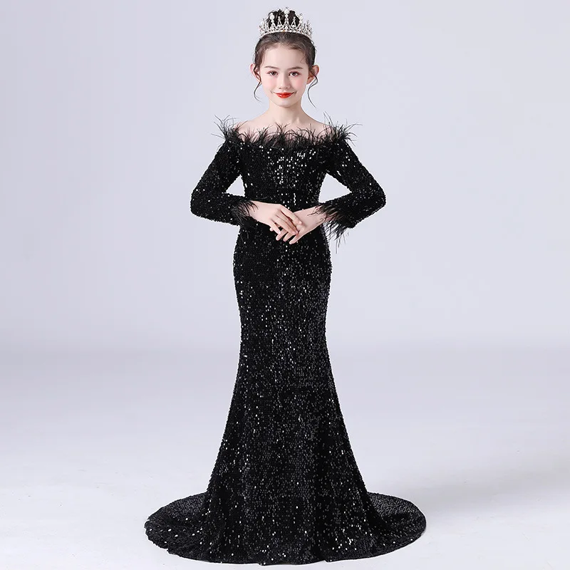 Children's high -end evening dresses Black Yizi shoulder shoulders showing the drag tail dress host to speak long -sleeved fisht