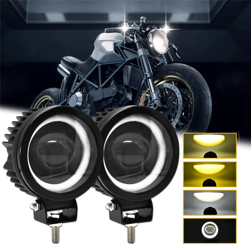 Barra de luz LED redonda de Ojos de Ángel para motocicleta, 60W, 6000LM, 6000K/3000K, luz blanca + amarilla para trabajo todoterreno, 2 piezas