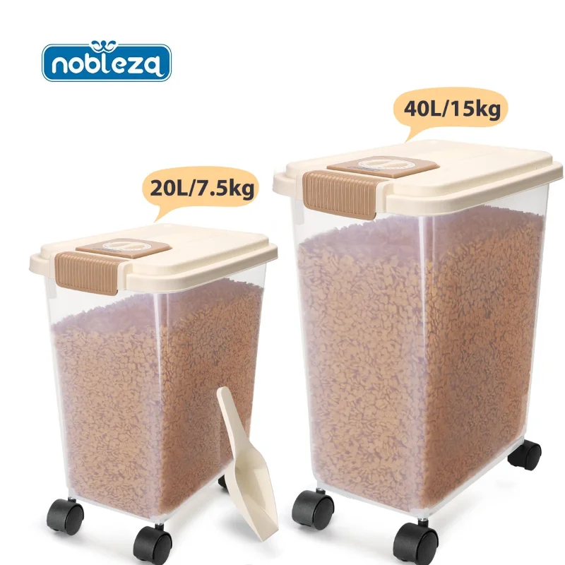 Nobleza Contenedor de Pienso para Mascotas 20L/40L, con Ruedas, Tapa Abatible, Cuchara y Marcador de Fecha, Caja Hermética Transparente para Perros y Gatos