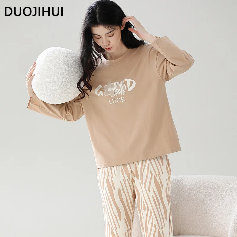 DUOJIHUI-Ensemble de Pyjama Imprimé Simple pour Femme, Pull Basique, Pantalon à la Mode, Classique, At, Décontracté, Collection Automne