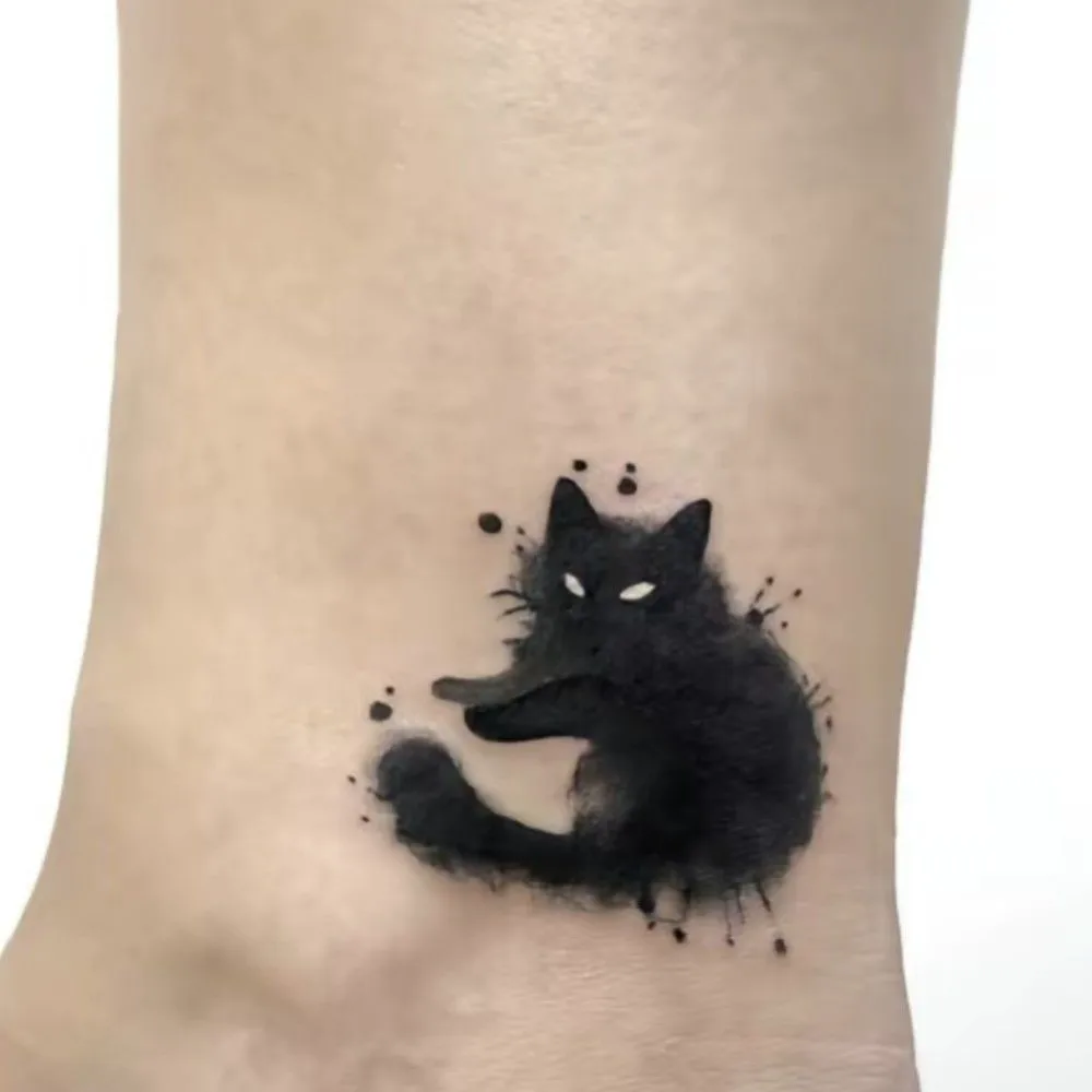Wash Painting Style Black Cat Tattoo Stickers Water Transfer Decals Waterproof Kitty Temporary Tattoo DIY Long Lasting