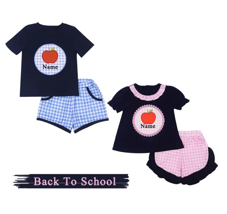 

Boutique Baby Back To School Season Short Sleeved Black T-shirt Name Embroidery Round Neck Boy Clothes And Romper Set Clothes