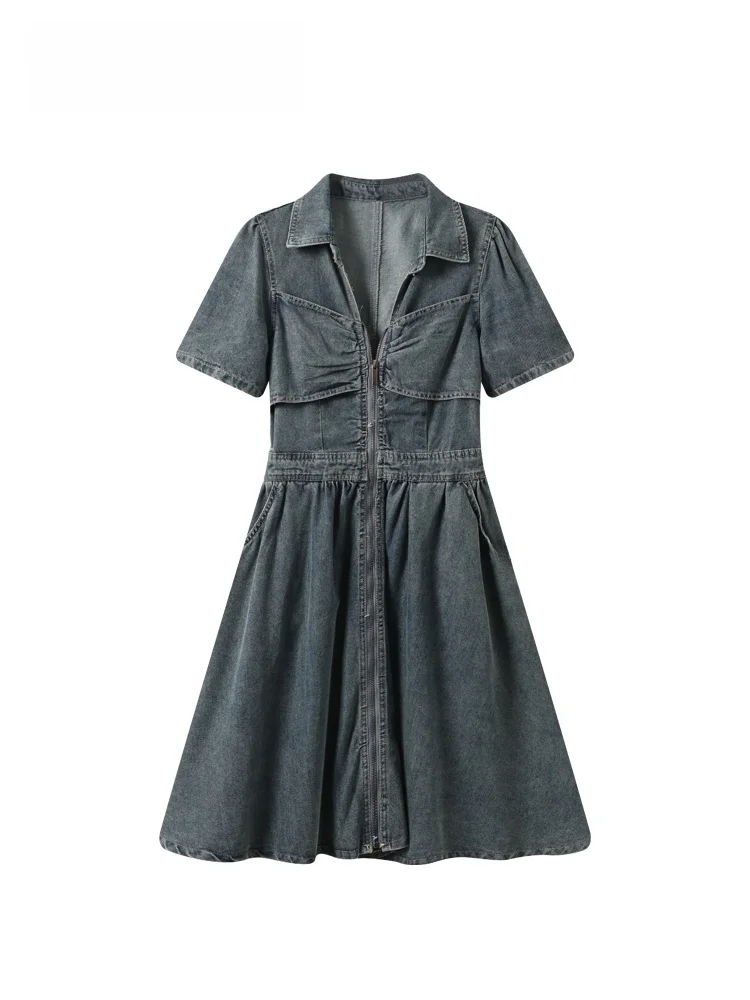 

plus Size Denim Short Sleeve Dress Women Summer New Style Waist Cinching Retro Slimming A-Line Skirt Casual Bubble Sleeve V-Neck